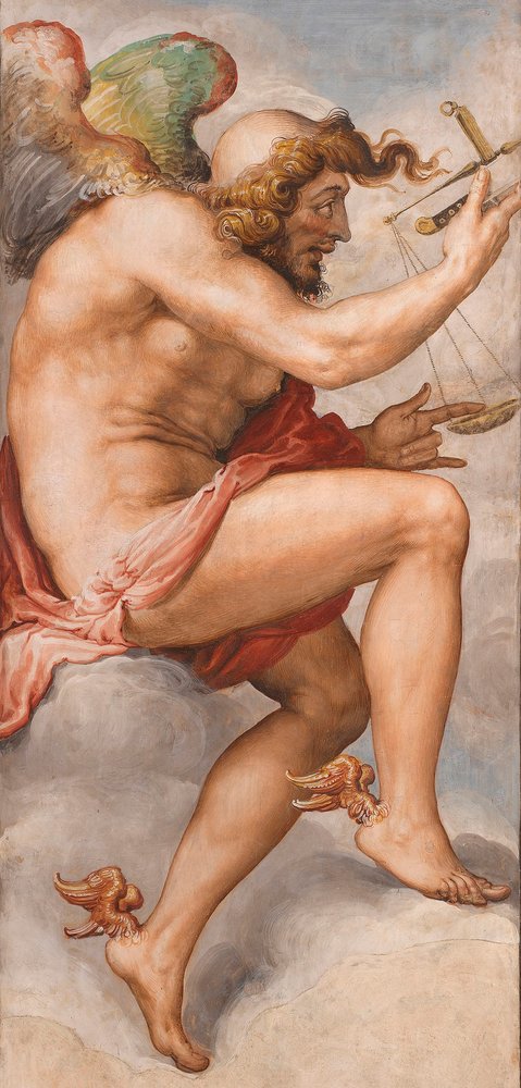 Kairos, the Greek personification of the decisive moment. Fresco by Francesco Salviati showing a winged figure mid-stride, winged at the heels, balancing a scale on the edge of a blade.