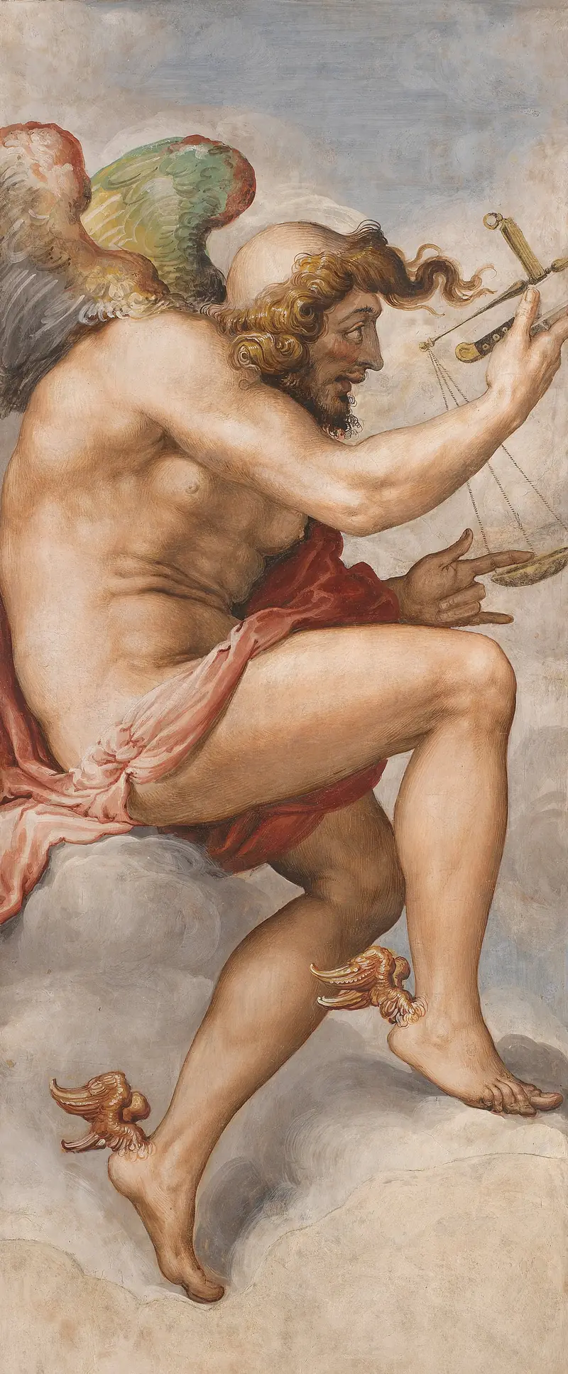 Kairos in Francesco Salviati's fresco: a winged, bearded man mid-stride on a cloud, the forelock blowing forward over a bald crown, a balance held up in one hand, small wings at his heels.