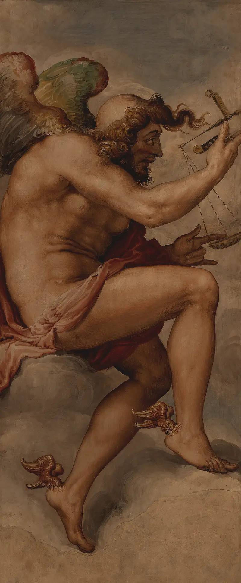 Kairos in Francesco Salviati's fresco: a winged, bearded man mid-stride on a cloud, the forelock blowing forward over a bald crown, a balance held up in one hand, small wings at his heels.