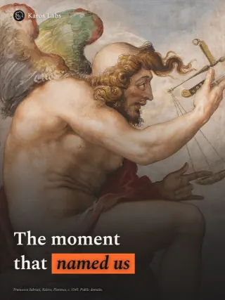Slide 1: The moment that named us, over a painting of Kairos